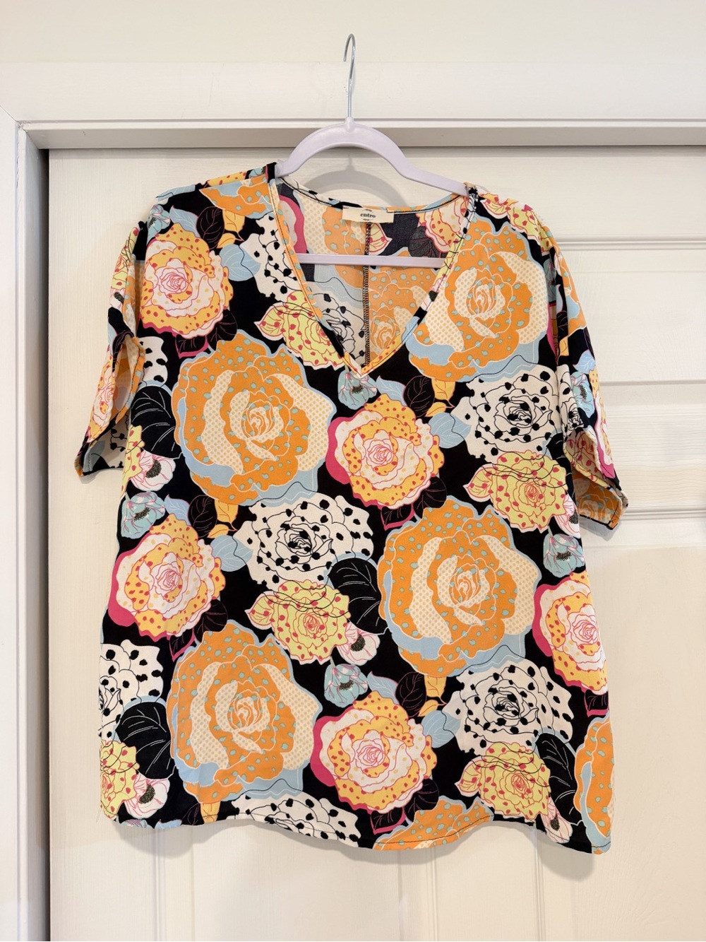 entro Black Floral V-Neck Blouse with Orange and Pink Blooms - Picture 1 of 1